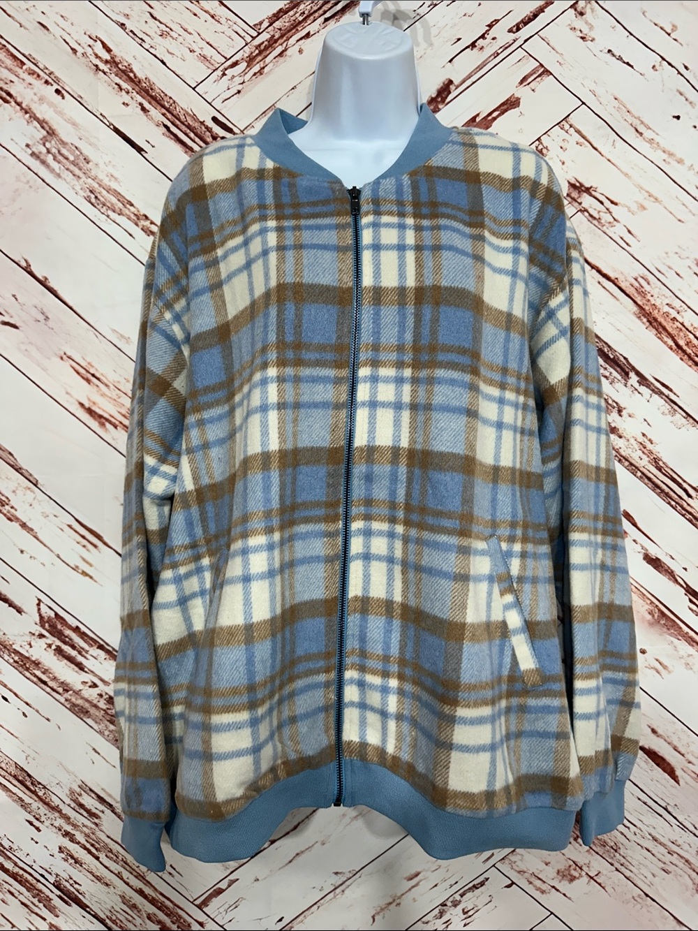 NWT Kori Plaid Bomber Jacket in Blue, Cream & Brown